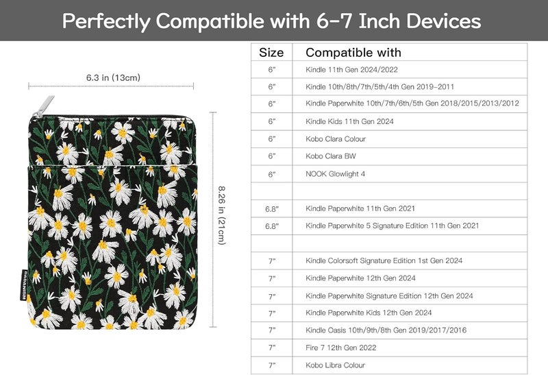 Dadanism Embroidered Daisy Padded Sleeve for All-New Kindle Paperwhite, 7" Kindle Colorsoft Signature Edition, Protective Sleeve Case for 6" K-indle/K-indle Oasis/Kobo E-Reader, Black & White Daisy - Image 2